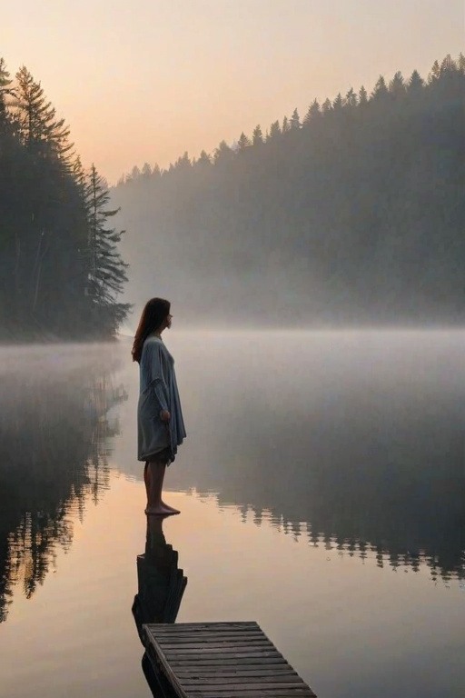 Foggy lake at dawn, the still water reflecting the sky, a woman stands barefoot on the dock, arms wrapped around herself, savoring the peaceful solitude.
