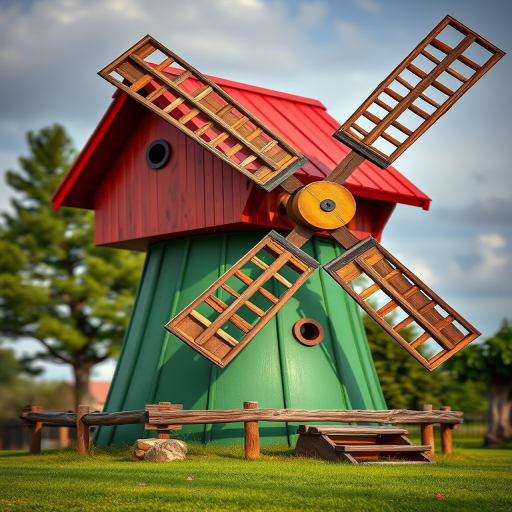 Regenerate an image of a cartoon windmill with a green body and a red roof, featuring large wooden blades, captured with a Canon EOS 5D Mark IV, f/8 aperture, 1/125s shutter speed, ISO 100, using a slight HDR effect for enhanced detail and vibrancy.