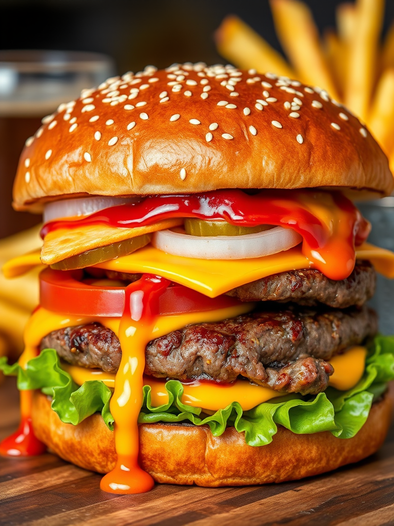 High-resolution, close-up image of a gourmet double cheeseburger. The burger features a glossy, sesame-seed-topped brioche bun. Inside, there are two thick, juicy beef patties, each topped with melted cheddar cheese. The burger is garnished with fresh lettuce, tomato slices, diced onions, and pickles. A generous amount of ketchup and a creamy, orange-colored sauce is dripping down the sides, adding to the mouth-watering appeal. In the background, there are blurred elements including a side of golden French fries and a hint of a beverage, enhancing the overall presentation of a delicious meal.