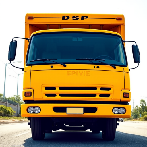 create a high-resolution vector illustration of a yellow delivery truck with a large cargo area, captured from a low-angle view with a slight tilt, using a DSLR camera at f/8 aperture, ISO 100, and a shutter speed of 1/200 sec, focusing on vibrant colors and sharp details