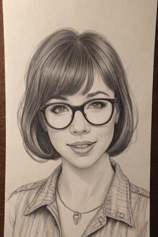 Superb Carly Rae Jepsen, pencil sketch, portrait of Radiant woman 1940s in glasses, hair style beatnik, outline, clear lines, fine lines, 8k
