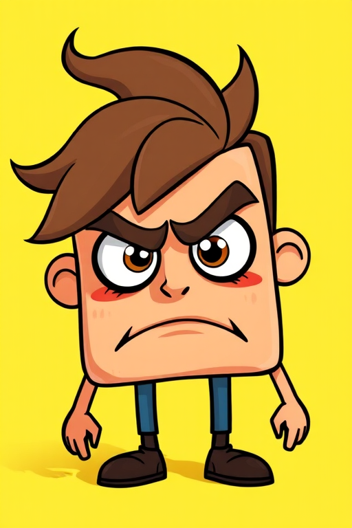 Create a vibrant cartoon character that resembles a square with brown hair, large expressive eyes, and a frowning mouth, set against a bright solid background, captured with a DSLR camera using a 50mm lens at f/1.8, ISO 100, and a slight overhead angle for depth.