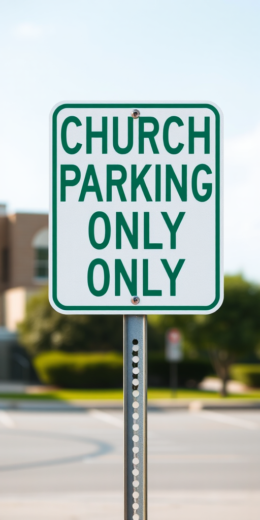 Create a high-resolution image of a "CHURCH PARKING ONLY" sign with green text on a white background, captured using a DSLR camera at f/4 aperture, 50mm lens, ISO 100, with a shallow depth of field for emphasis on the sign, frontal view, and natural daylight to enhance clarity.