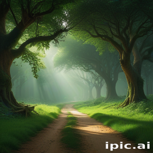 Serene Forest Pathway Bathed in Soft Light and Lush Greenery