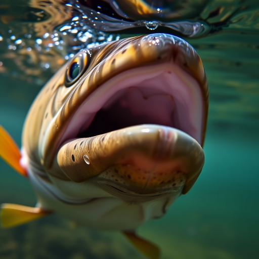 Underwater close-up of a trout with its mouth open, capturing intricate details of its scales and patterns, using a DSLR camera with a 100mm macro lens, aperture set to f/2.8, ISO 400, shutter speed 1/250s, natural lighting, and shallow depth of field for enhanced focus on the fish.