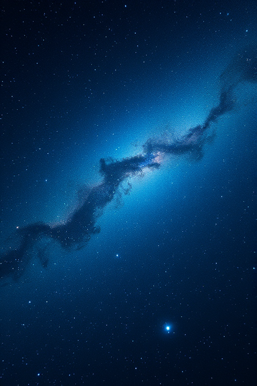 Create a high-resolution image of a cosmic scene featuring deep blues and swirling patterns, captured with a Canon EOS R5, 24mm lens at f/2.8, ISO 800, using a long exposure of 15 seconds, with a wide-angle view to enhance the depth of the galaxy.