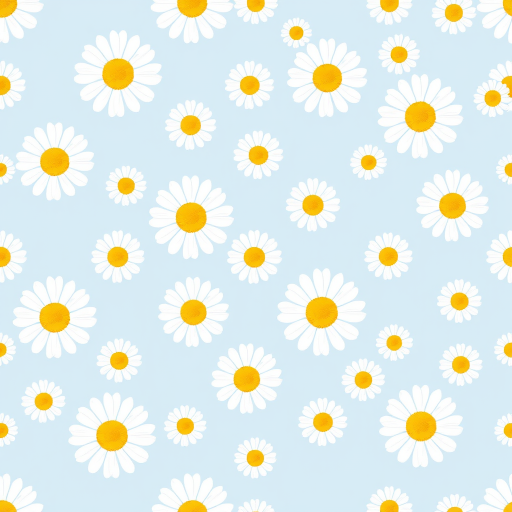 Create a seamless pattern featuring a light blue background filled with white daisies. Each daisy should have a bright yellow center and a simple, clean design. The flowers should be evenly spaced, creating a harmonious and cheerful floral pattern.