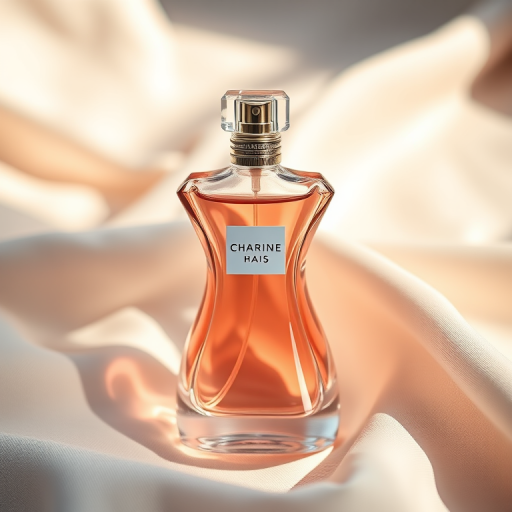 shot of an elegant perfume bottle shaped like a dress on a soft fabric background, using a Canon EOS R5 camera, f/2.8 aperture, 50mm lens, 1/200s shutter speed, shallow depth of field and natural lighting