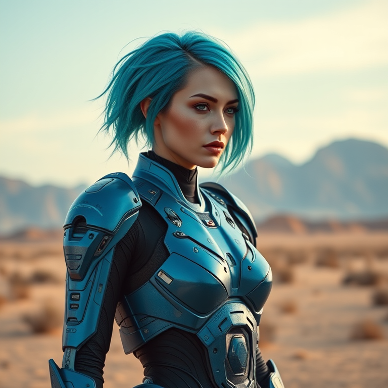 Create a hyper-realistic image of a female cyborg with teal hair and a futuristic blue armored suit, standing in a desert landscape, with mountains in the background, captured with a Canon EOS R5, 50mm lens, f/1.8, aperture priority mode, and a vibrant color profile for enhanced detail and contrast.