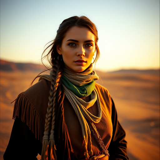 Dramatic photo of a beautiful Sami woman, classic cowboy attire, confident and free spirit expression, half-length portrait, centered, golden hour desert landscape, warm, diffused light, low angle, medium format film camera, in style of Annie Leibovitz.
