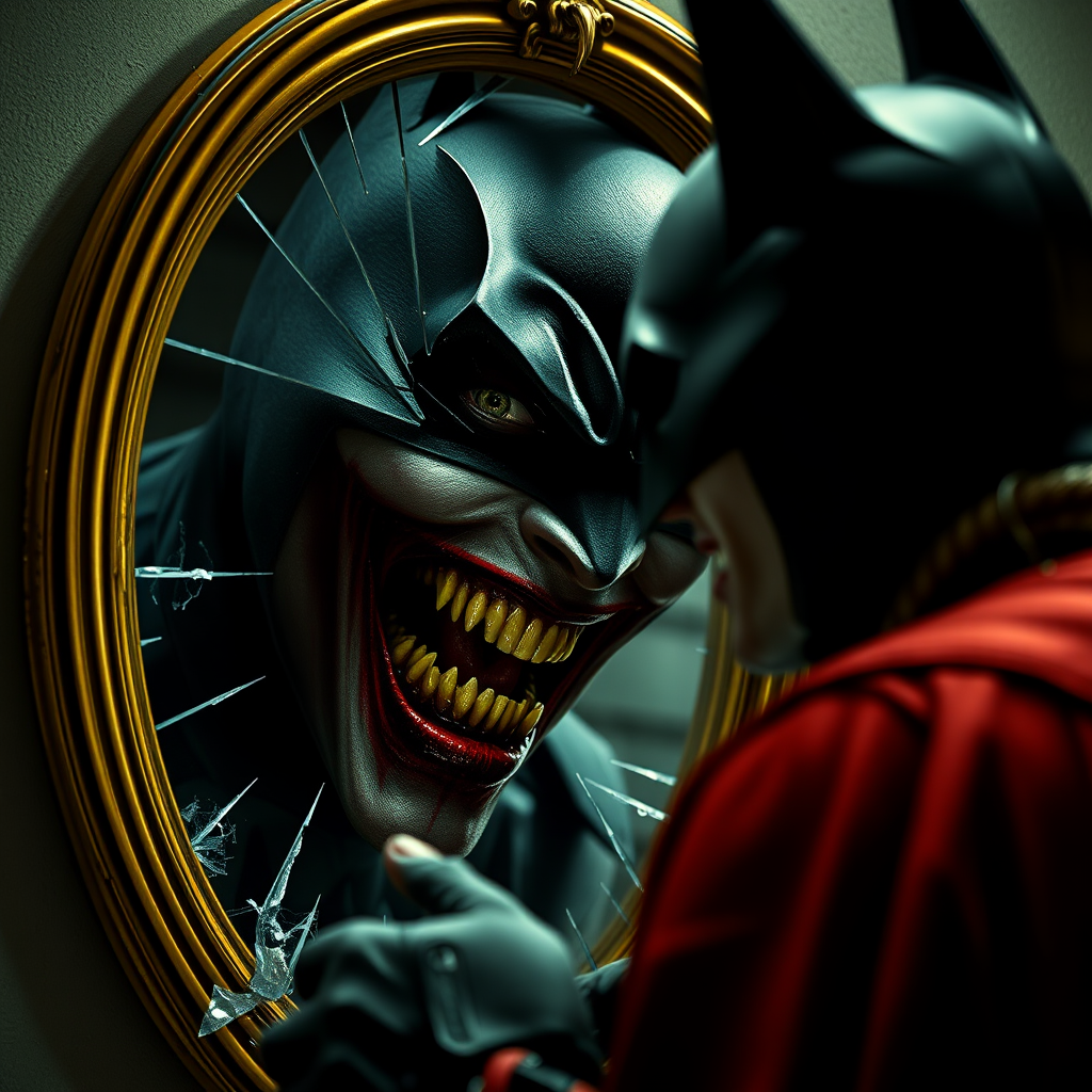 Merging elements of Batman and The Joker, this character portrays an evil, maniacal laughter, a sinister grin, and piercing eyes, accompanied by inhumanly sharp fangs. In a half-body portrait, Batman appears maniacal, gazing into a shattered mirror, his image rendered in Todd Phillips' unique style. The scene exudes an atmosphere of darkness, horror, and intense drama, with dramatic lighting and high-quality, hyper-realistic visuals. Inspired by the style of illusory wallpaper portraits, the image showcases colorful realism, exceptional attention to detail, and intricate hidden elements. The UHD, 8K resolution delivers a stunning image, combining realism and vibrant colors for an immersive, intense experience.