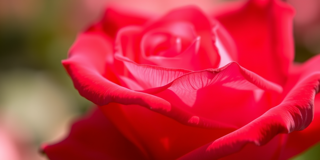 close-up of a red rose with pink accents, soft focus background, natural light, aperture f/2.8, ISO 100, 50mm lens, DSLR camera, macro photography style
