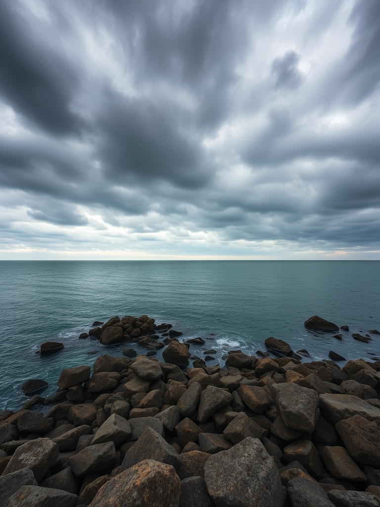 regenerate an image of a dramatic seascape with dark, moody clouds over calm waters and scattered rocks in the foreground, use a Canon EOS R5 camera, aperture f/8, shutter speed 1/125s, ISO 200, wide-angle lens 16mm, soft focus style, landscape orientation