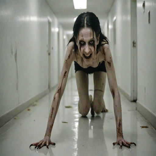 a crooked female with long arms and a creepy smile is crawling along a long white corridor and you can also see cockroaches in it there is a creepy atmosphere creepy art style