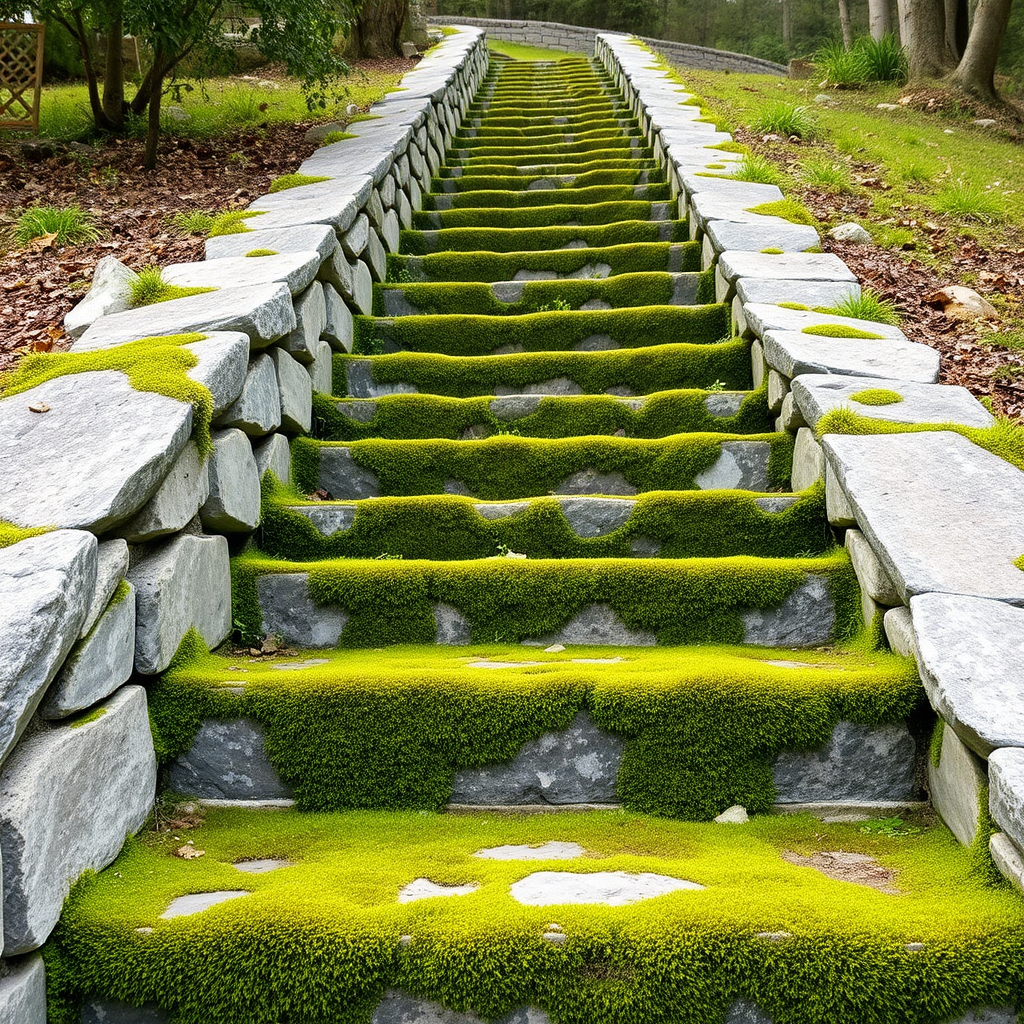 a set of weathered stone stairs covered in green moss and small plants, leading upwards in a natural outdoor setting with soft lighting