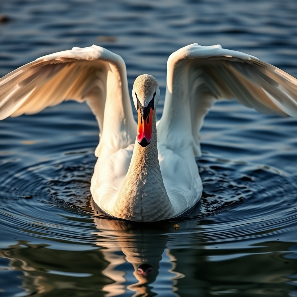 Capture a close-up of a majestic swan spreading its wings on calm water, using a Canon EOS R5, ISO 200, f/4, shutter speed 1/1000s, 85mm lens, natural light, shallow depth of field, and a low-angle perspective for dramatic effect.