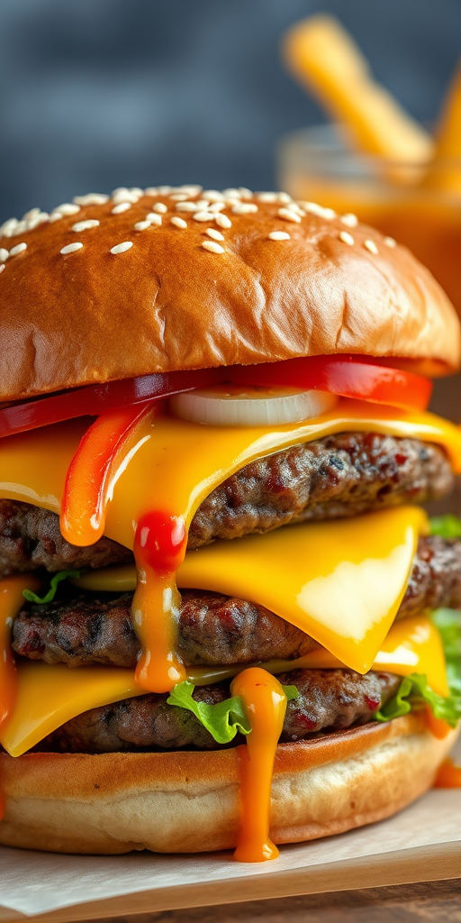 High-resolution, close-up image of a gourmet double cheeseburger. The burger features a glossy, sesame-seed-topped brioche bun. Inside, there are two thick, juicy beef patties, each topped with melted cheddar cheese. The burger is garnished with fresh lettuce, tomato slices, diced onions, and pickles. A generous amount of ketchup and a creamy, orange-colored sauce is dripping down the sides, adding to the mouth-watering appeal. In the background, there are blurred elements including a side of golden French fries and a hint of a beverage, enhancing the overall presentation of a delicious meal.