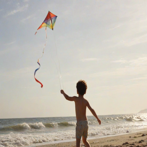 Blurry action shot of a child flying a kite on a windy beach, soft focus on the kite as it soars through the sky, with distant waves crashing against the shore.