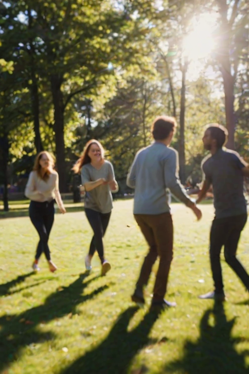 Blurry, candid photo of a group of friends playing frisbee in a park, laughter frozen in the moment, sunlight filtering through the trees, shadows stretching across the grass, a soft breeze rustling the leaves, the distant sound of birds chirping.