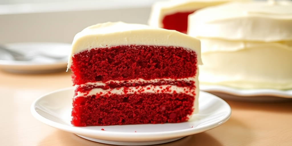 A slice of red velvet cake with cream cheese frosting on a white plate showing layers of red cake and white frosting in a bright and inviting setting with a whole cake in the background.