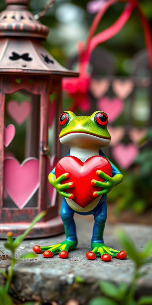 Create a vibrant outdoor scene featuring a colorful frog holding a red heart next to a decorative lantern with cut-out hearts, using a Canon EOS 90D camera, 50mm lens, f/2.8 aperture, 1/200 sec shutter speed, ISO 100, capturing a shallow depth of field to emphasize the frog and lantern while softly blurring the background.