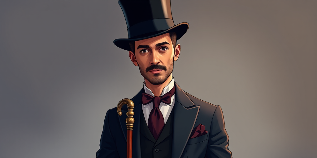 Create a high-resolution illustration of a gentleman in a formal suit with a top hat and cane, captured in a studio setting with soft diffused lighting, using a DSLR camera with a 50mm lens at f/2.8, ISO 100, and a shallow depth of field for a crisp foreground and soft background.
