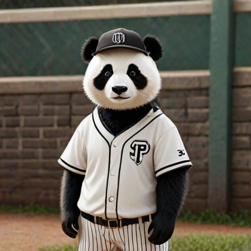 This high-resolution photograph captures a teen panda named Huahua,face looks agry, depicted with her distinctive black and white fur, standing ready at a baseball field. Huahua is dressed in a classic baseball uniform, complete with a cap, jersey, pants, and cleats, all in team colors. The uniform is detailed with fine stitching and realistic textures, adding authenticity to her sporty look.
