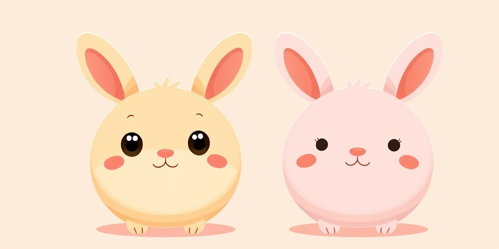 Create a cute cartoon illustration of two rounded rabbits, one light tan and the other soft pink, with large expressive eyes and small noses, against a simple pastel-colored background, shot with a digital camera in high-resolution, aperture f/2.8, ISO 100, and 50mm lens for a crisp focus.