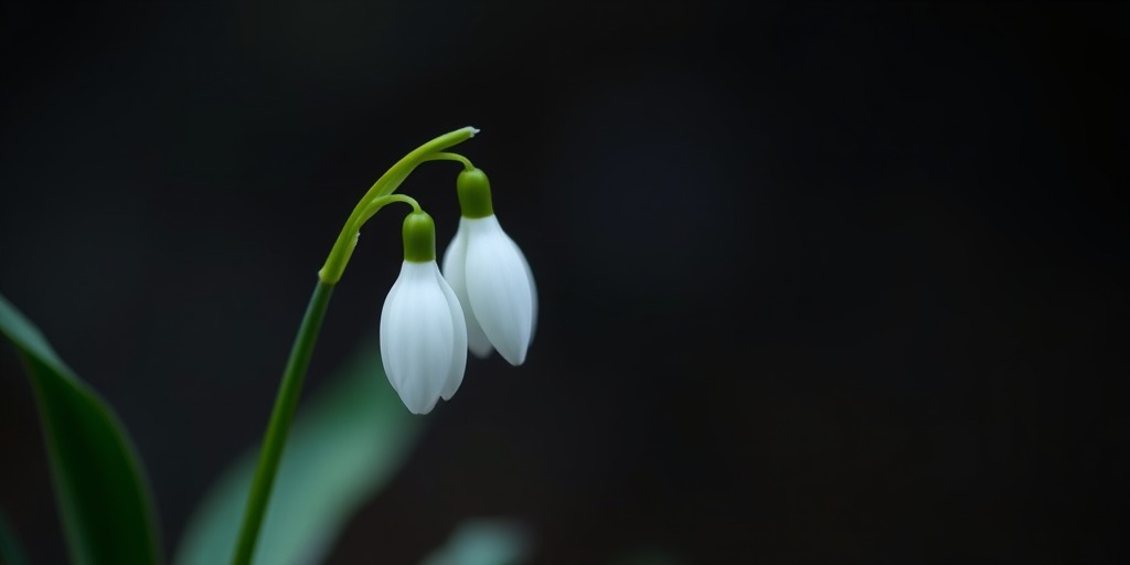 Capture a close-up of two snowdrop flowers in soft focus against a blurred dark background, using a DSLR camera with a 50mm f/1.8 lens, aperture set to f/2.8, ISO 100, and a shallow depth of field for enhanced bokeh effect.