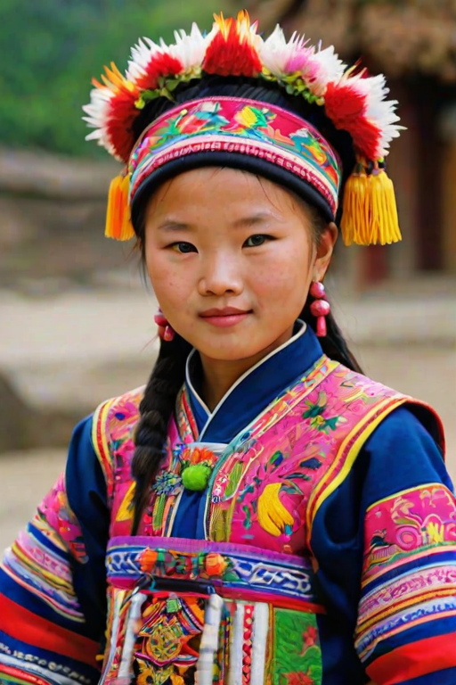 A beautiful Miao girl, wearing colorful bird clothing with vibrant colors