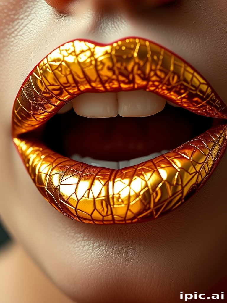 Glamorous gold leaf lips showcase intricate metallic patterns, creating a luxurious and artistic statement that gleams in the light