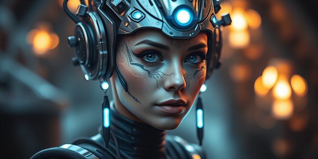 Create a futuristic portrait of a woman with elaborate metallic headgear, intricate facial markings, and glowing elements in a mystical environment, using a DSLR camera with 50mm lens, aperture f/1.8, ISO 100, and a shallow depth of field for dramatic focus.