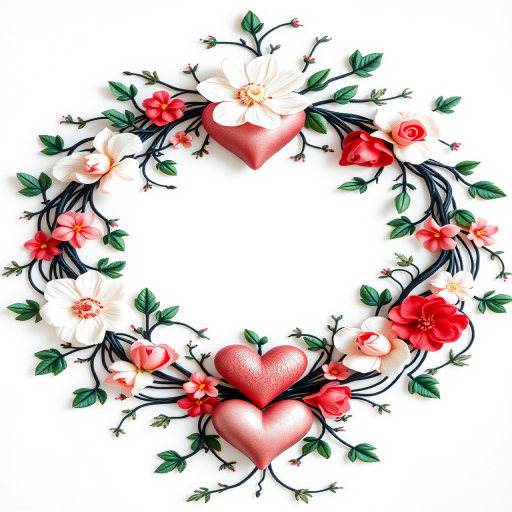 Create a detailed floral wreath design with intricate vines and hearts, high resolution, 50mm lens, f/2.8 aperture, ISO 100, natural light, top-down view, DSLR camera.