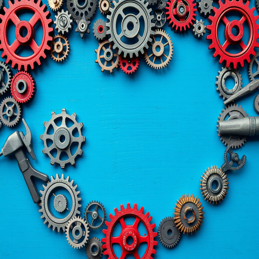 Create a heart-shaped border using various mechanical gears and tools, ensuring a vibrant color palette with shades of blue, red, and gray, shot with a Canon EOS R5 at f/8, ISO 200, 50mm lens, in natural light with a shallow depth of field.