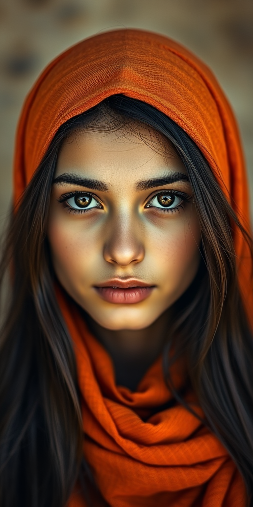 Create a portrait of a young Druze female with long, dark hair and captivating hazel eyes. She is wearing a orange headscarf and a matching scarf draped gracefully around her neck. The background is softly blurred, focusing attention on her serene and natural expression. The overall color palette is muted and warm, enhancing the intimate and authentic feel of the portrait.