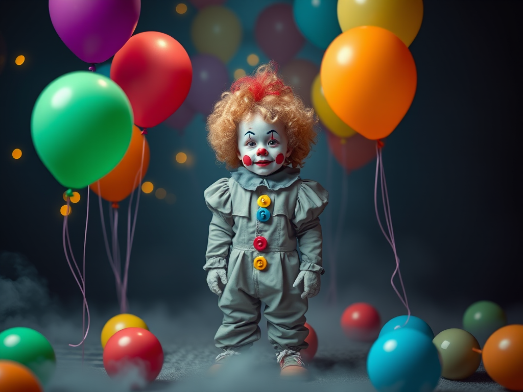 Create an image of a child dressed as a clown standing on a foggy path surrounded by colorful balloons. The clown has curly hair, a white face with red accents, and is wearing a puffy costume with colorful buttons. The background is dimly lit, with soft glowing lights and more balloons floating in the air, creating a slightly eerie yet whimsical atmosphere.