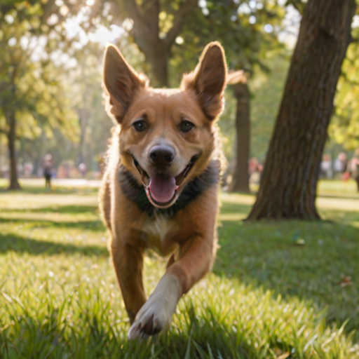 Blurry, candid photo of a dog running through a park, ears flapping in the wind, joyful expression on its face, sunlight filtering through the trees, a group of children playing in the background, soft shadows on the grass.