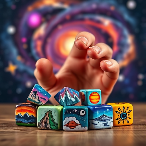 Photo of a hand reaching for colorful, artistic dice showcasing various landscapes and cosmic themes, with a swirling galaxy backdrop, captured with a Canon EOS R5 at f/2.8, ISO 100, 1/125s, in a close-up view with high dynamic range and vibrant colors.