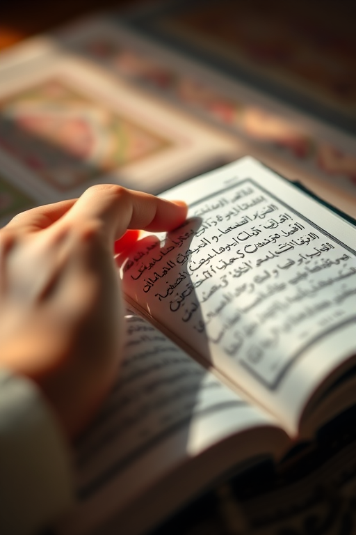 a close-up view of a hand gently turning the pages of an open Quran, natural lighting, shallow depth of field, ISO 200, f/2.8, 50mm lens, DSLR camera