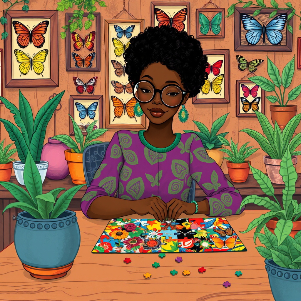 A vibrant and whimsical illustration of an african american woman sitting at a table working on a colorful jigsaw puzzle. she is wearing round glasses, and patterned clothing in shades of purple and green.  The background features an eclectic collection of framed butterflies, potted plants, and other natural elements, creating a warm and inviting atmosphere. The style is playful and modern, with rich textures, intricate details, and a lively color palette.