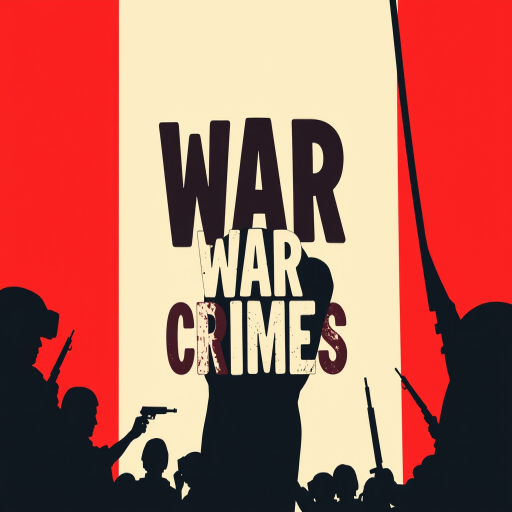 Create a vibrant digital illustration featuring a powerful message against war crimes, using contrasting bold colors and strong silhouettes; camera settings: aperture f/8, ISO 100, shutter speed 1/125s; camera view: close-up; camera style: modern graphic; camera type: mirrorless.
