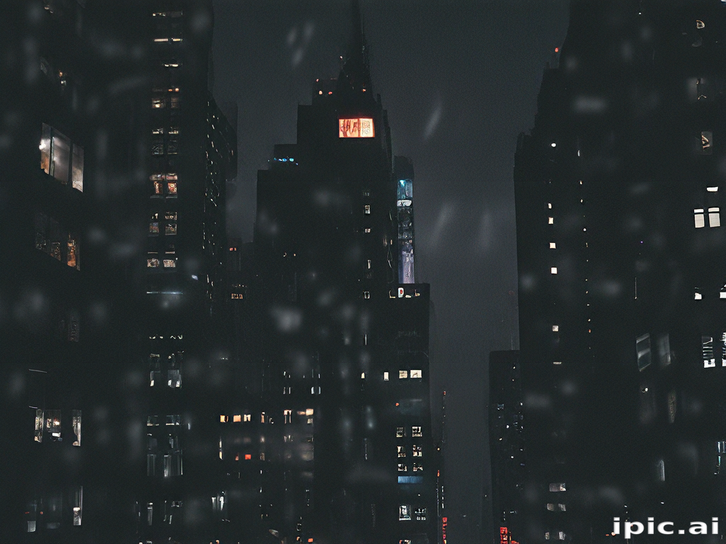 Nighttime Cityscape with Glowing Windows and Gentle Snowfall in Urban ...