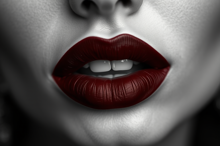 Luxurious deep wine lips with a velvet matte finish, exuding sophistication and allure, captured in a vintage-inspired black and white portrait