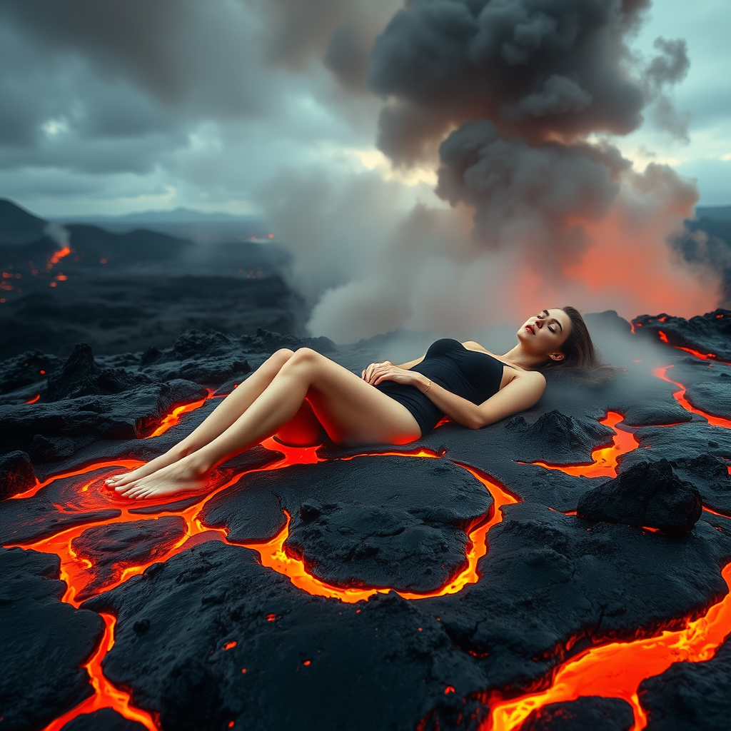 A surreal, detailed image of a woman lying comfortably in flowing lava, with gray smoke rising around her. She appears relaxed despite the molten surroundings, with a volcanic landscape and distant mountains in the background. The scene is vivid, with the bright lava contrasting against the dark, smoky atmosphere.
