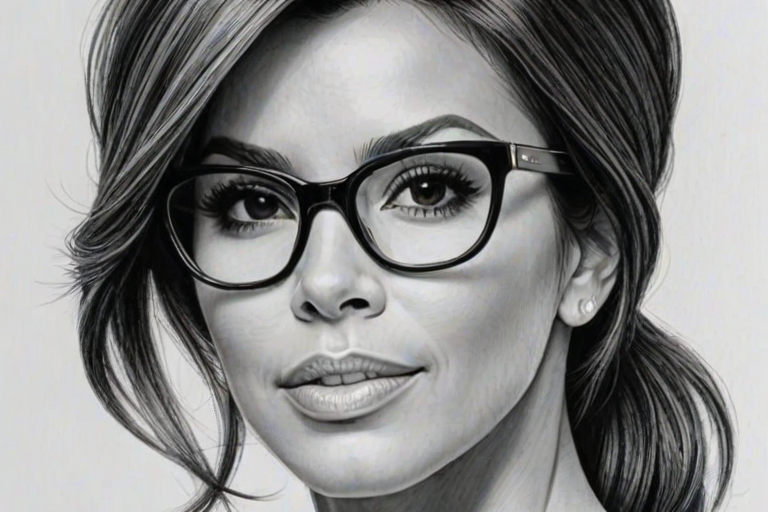 Superb Eva Longoria, pencil sketch, portrait of Superb woman 1964s in glasses, hair style beatnik, outline, clear lines, fine lines, 8k