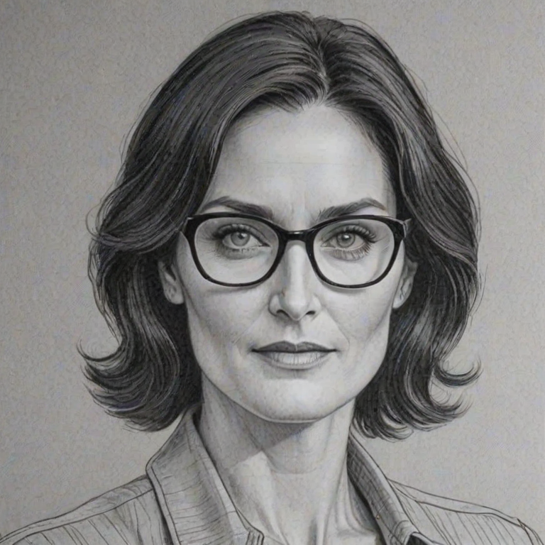 Pleasing Carrie-Anne Moss, pencil sketch, portrait of Stunning woman 1941s in glasses, hair style beatnik, outline, clear lines, fine lines, 8k