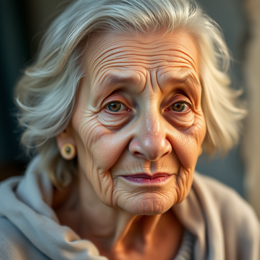 Portrait of an elderly woman with soft lighting, capturing her gentle expression and intricate facial details, shot with a Canon EOS R5, 85mm lens, f/1.8, ISO 200, natural light, shallow depth of field for a smooth background blur.