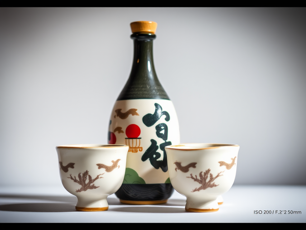 Create a ceramic sake set featuring a traditional Japanese design with a large sake bottle and two cups, soft diffused lighting, ISO 200, f/2.8 aperture, 50mm lens, centered composition, focus on intricate details of the artwork, shallow depth of field.