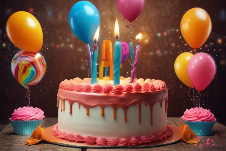 Colorful Birthday Celebration with a Beautiful Cake and Festive Balloons