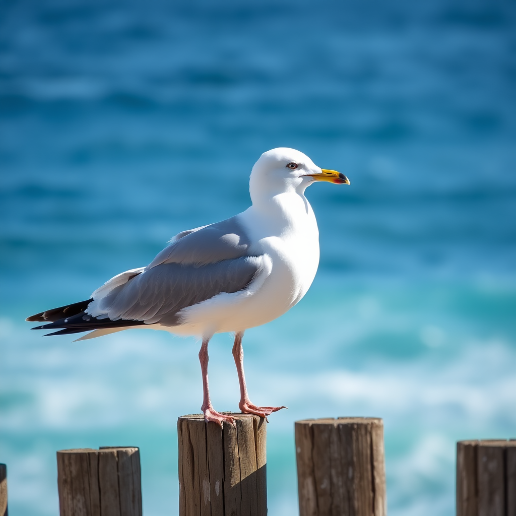 capture a close-up of a seagull perched on a wooden fence overlooking the ocean with vibrant blue waters in the background, use a Canon EOS 5D Mark IV with a 50mm lens at f/2.8, ISO 100, shutter speed 1/2000 sec, natural lighting for enhanced clarity and detail
